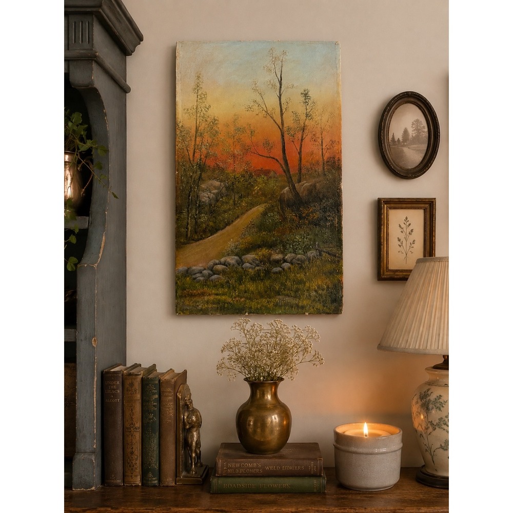 Landscape Oil Painting Antique Sunset Cottage Farmhouse Path circa 1900-1940